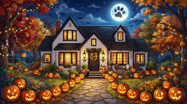 A charming suburban house decorated for halloween with glowing jack o lanterns lining the walkway under a magical full moon in a spooky autumn night