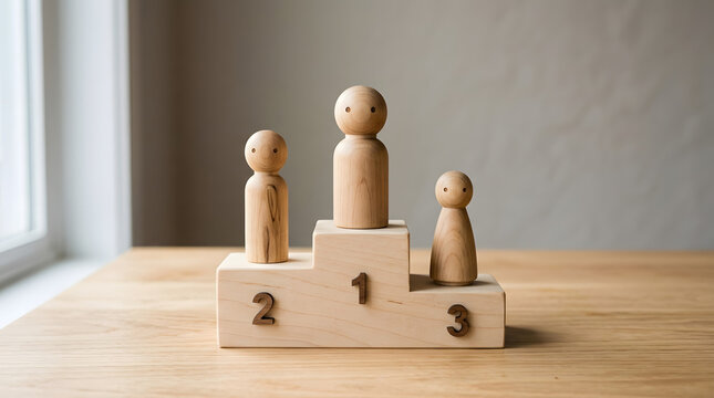 Wooden peg dolls standing on a winners podium with first second and third place
