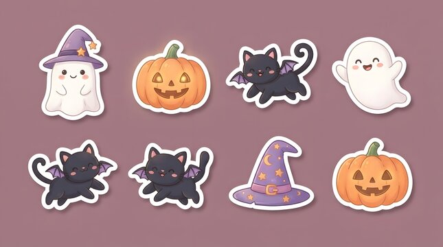 A collection of cute hand drawn halloween sticker elements featuring ghosts pumpkins black cats and witch hats isolated on a solid purple background for design