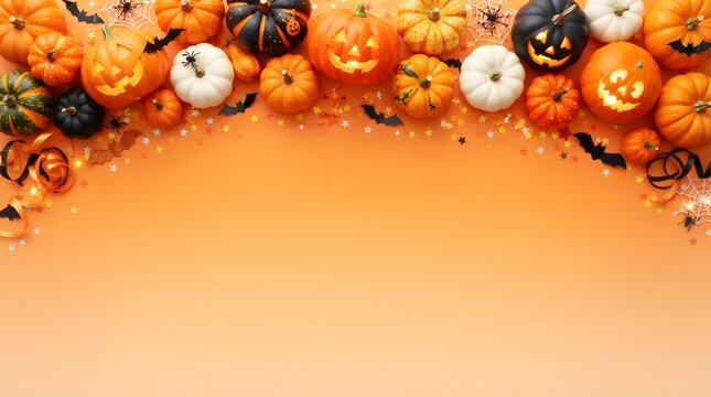 Festive halloween background featuring a top border of various colorful pumpkins and gourds arranged on a bright orange surface with plenty of empty copy space