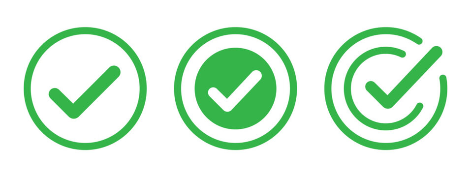 Green Allowed Check Mark Icon Set with Three Approval Symbol Variations