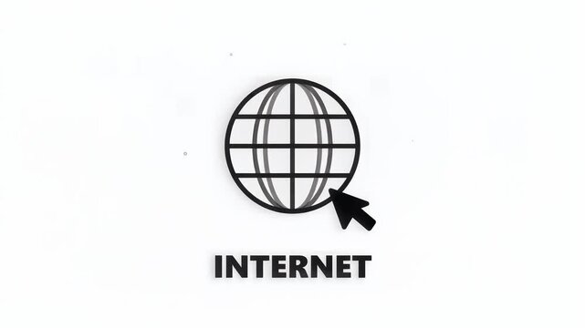 Minimalist internet concept with black globe icon and magnifying glass, 3D text sign reading 'INTERNET', clean white background, symbolizing global connectivity and digital search