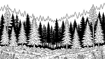Fototapeta premium Pine Forest Landscape Line Art Illustration for Coloring Page