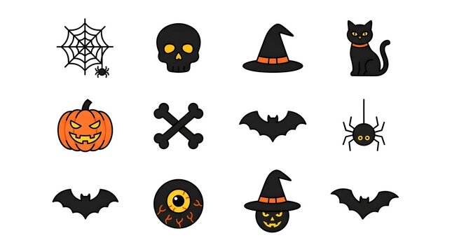 A collection of cute halloween stickers featuring pumpkins skulls bats spiders witch hats and black cats isolated on a white background for festive holiday decoration