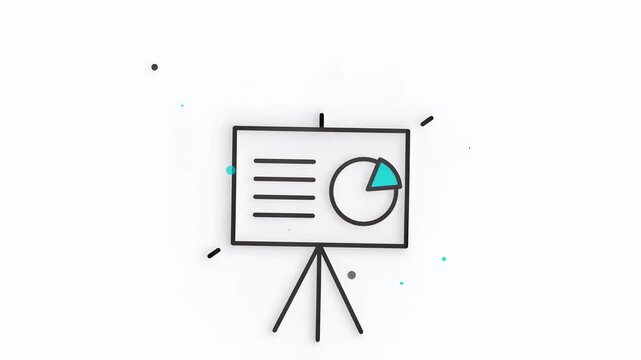 Minimalist presentation flip chart with pie chart and bullet points, clean white background, floating dots animation, symbolizing business, data analysis, and corporate presentation