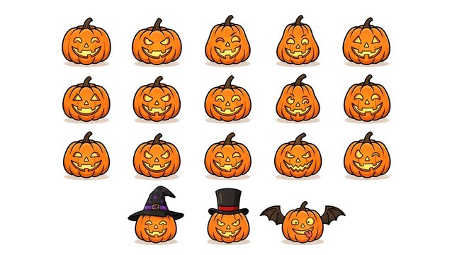 A collection of various carved jack o lantern pumpkins with different facial expressions and accessories isolated on a white background for your spooky halloween designs