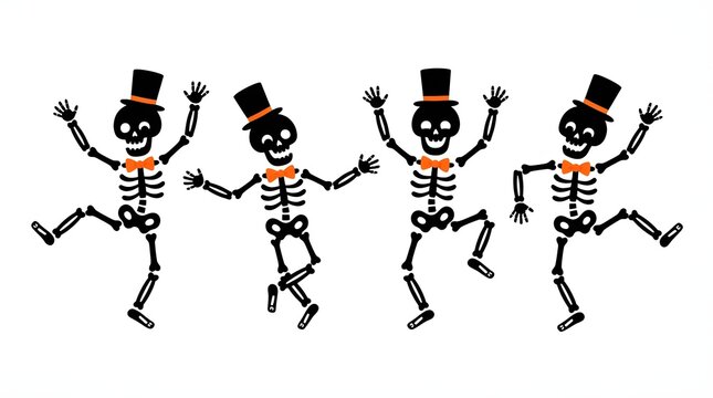 A group of cheerful dancing skeletons wearing top hats and bow ties celebrating a fun halloween party isolated on a clean white background for design