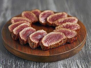 Obraz premium Appetizing sliced beef steak served on a wooden plate for a gourmet delight