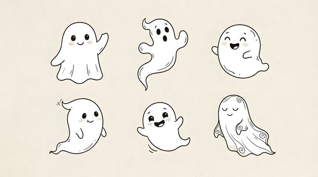 A collection of cute hand drawn ghost characters for halloween design projects featuring various playful expressions and simple black and white line art style illustrations
