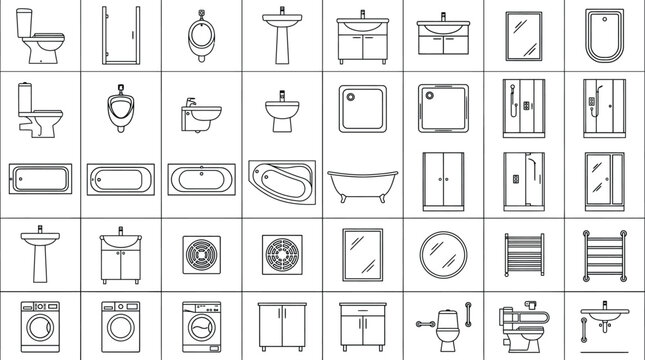 bathroom CAD blocks vector set. Top view sanitary fixture symbols, toilets, sinks, bathtubs, showers, plumbing fixtures, floor plans, AutoCAD drawings, and MEP drafting