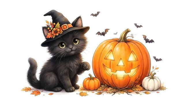 A cute fluffy black kitten wearing a witch hat sitting next to a glowing jack o lantern pumpkin with flying bats for a fun halloween celebration