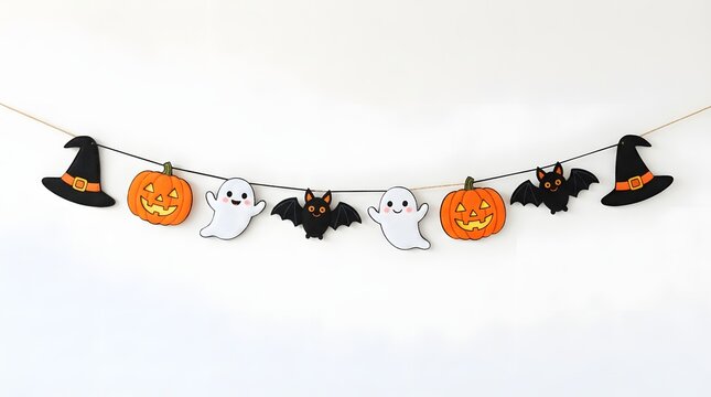 Festive halloween garland featuring orange pumpkins black bats witch hats and white ghosts hanging on a string isolated against a clean white background for decor