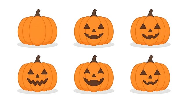 A collection of six orange halloween pumpkins with various carved jack o lantern facial expressions isolated on a white background for festive holiday graphic design