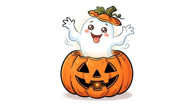A cute cartoon ghost popping out of a carved jack o lantern pumpkin for a fun and festive halloween celebration design on a white background