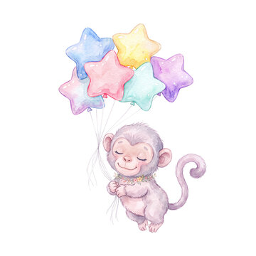 Soft watercolor illustration of a cute baby monkey holding floating pastel star balloons, PNG clipart, with a transparent background.