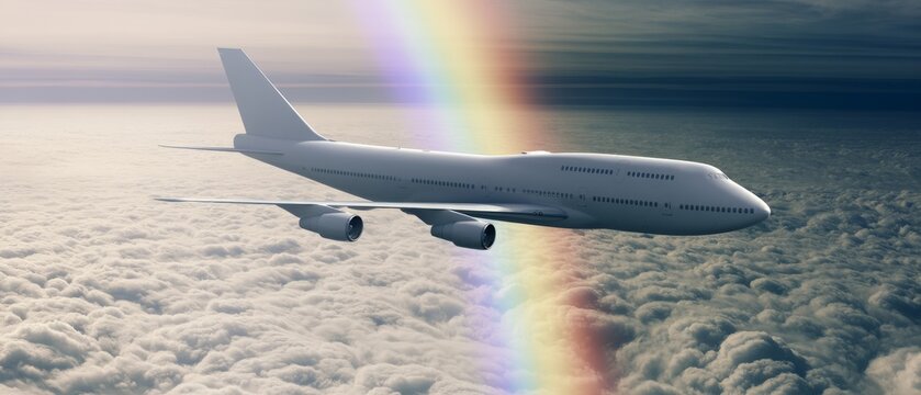 Airplane flying through clouds with a rainbow in the sky during daytime