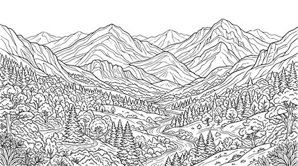 Fototapeta premium Scenic Mountain Range and Forest Valley Coloring Page