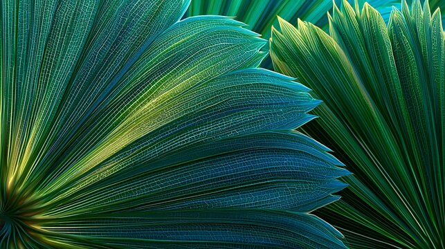 Vibrant green tropical palm leaves with dew drops