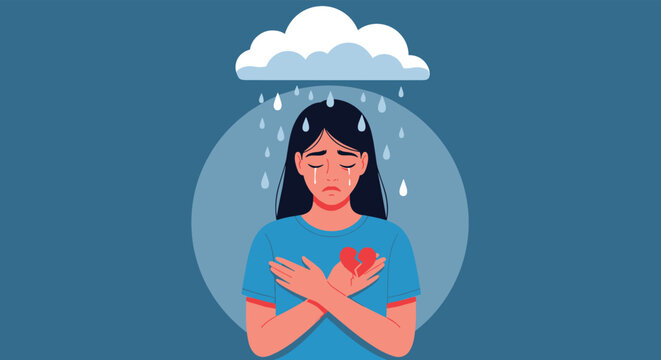 Sad young woman crying under a rainy cloud while holding a broken heart symbol to represent grief and loneliness.