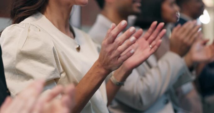 People, meeting or hands with applause for presentation, thank you or seminar together. Group, employees or audience clapping in row or crowd for corporate workshop, speech or conference in workplace