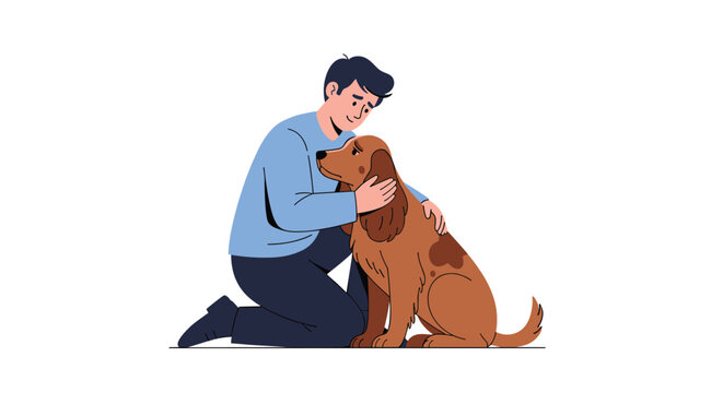 Compassionate scene of a man kneeling on the floor to comfort and pet his loyal brown dog on a white background.