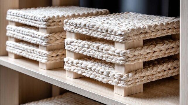 A wooden shelf with three stacks of woven baskets.