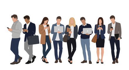 Fototapeta premium Diverse group of business professionals standing in a line while focused on using their smartphones and laptop computers for work.
