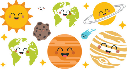 Cute Solar System Planet Icon Set with Cartoon Sun, Earth, Saturn, Jupiter, and Meteor Characters for Kids Astronomy Education and Nursery Vector Designs © Mst