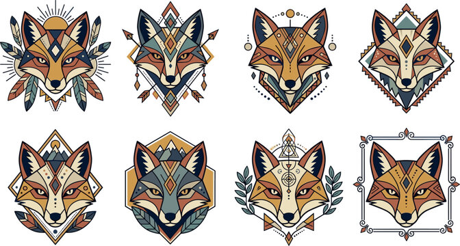 Geometric tribal fox head vector logo bundle with bohemian arrows feathers diamonds and ethnic pattern framing design elements