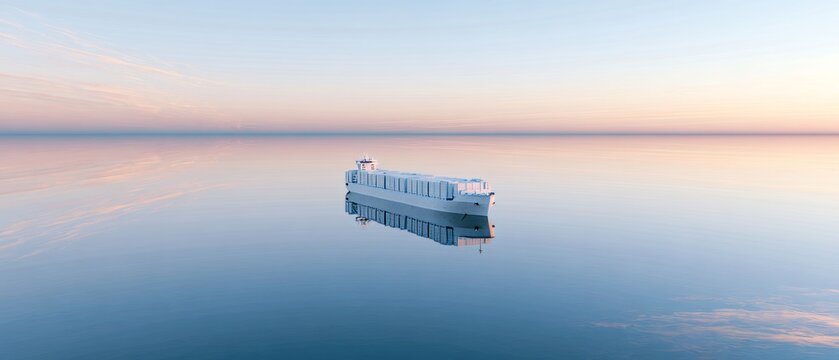 Large cargo ship floats on calm water during sunset with a soft pastel sky