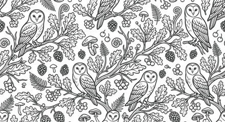 Fototapeta premium Seamless woodland pattern with graceful owls on branches, oak leaves, berries, pinecones, mushrooms, and fern leaves. Black and white flat vector illustration, thick clean outlines.