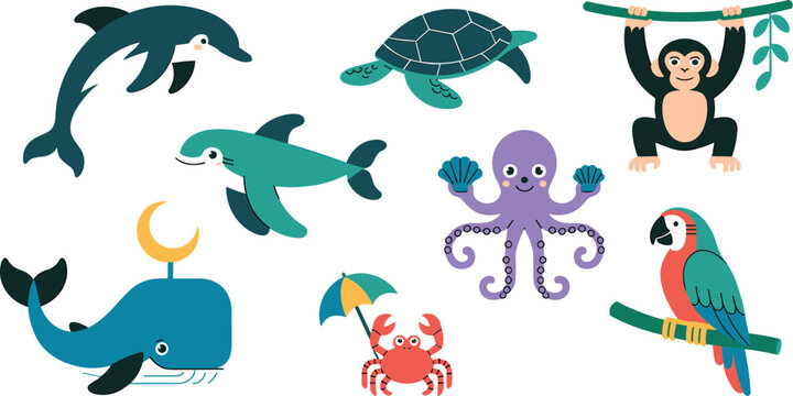 Cute Tropical and Marine Animal Character Vector Set featuring Dolphin, Whale, Sea Turtle, Monkey, and Parrot Illustrations for Children Books and Marine Educational Designs