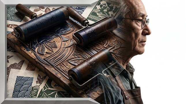 Traditional woodblock printing artist with vintage brayer rollers, master craftsman in workshop, antique linocut printmaking tools and carved wood block