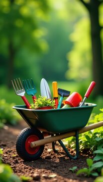 Sleek vector wheelbarrow; garden tools neatly arranged , accessories, rake
