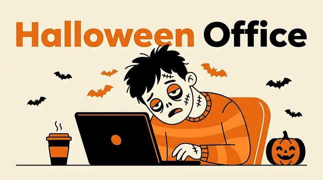 Stressed man working on laptop during halloween office party with spooky decorations And,  Happy halloween 2026, Halloween 2026, Halloween, Halloween design, Halloween Poster Design .