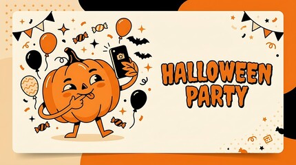 Fototapeta premium Cartoon jack o lantern character celebrating halloween party with balloons and phone And, Happy halloween 2026, Halloween 2026, Halloween, Halloween design, Halloween Poster Design .