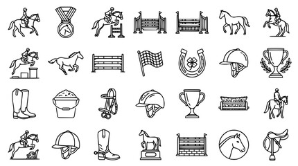 Fototapeta premium Equestrian sports line icons set for competition and training. Vector horse riding symbols collection with trophies, jumps, and gear.