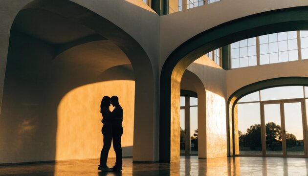 Silhouetted couple embracing under warm architectural arches during golden hour