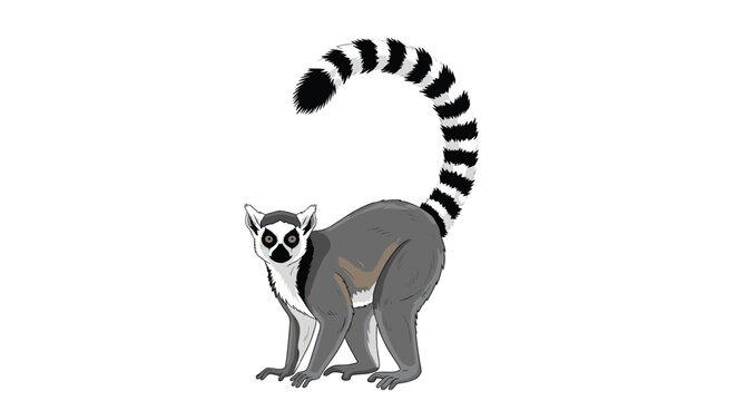 Detailed illustration of a ring-tailed lemur standing on its four legs with its long striped tail curled high in the air on white background.