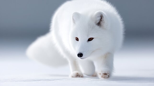 A white fox with a black nose and eyes stands on a snowy surface.