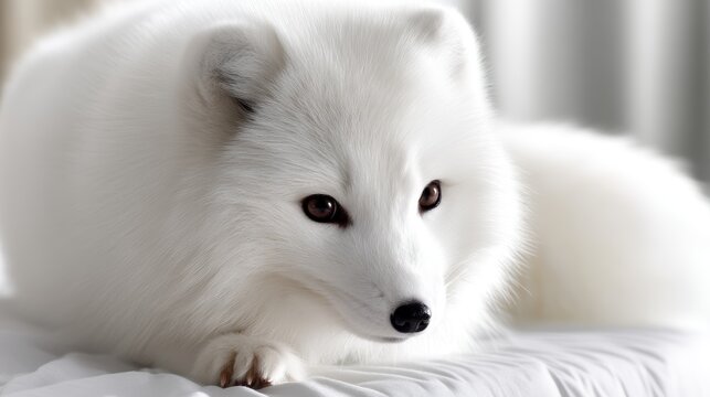 A white fox with brown eyes and a black nose.