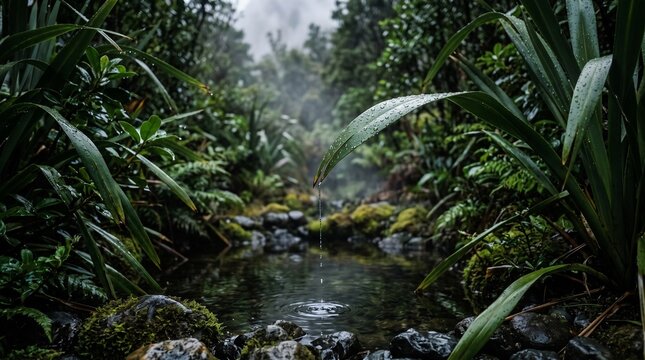 tranquil forest scene featuring a small pond, surrounded by vibrant green leaves glistening with raindrops.  A thin stream of water trickles from a leaf