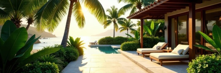 Fototapeta premium Sun-drenched patio, lush tropical foliage, palm trees sway gently , vegetation, idyllic