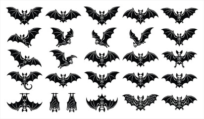 Fototapeta premium Set of black silhouette bats in various flying poses isolated on a white background for halloween holiday design projects