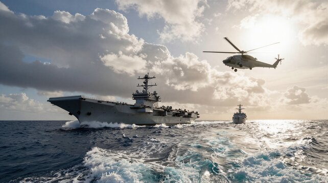 Naval aircraft carrier with destroyer escort and helicopter hovering over sunlit ocean with bow waves, dramatic sky and broad maritime defense patrol