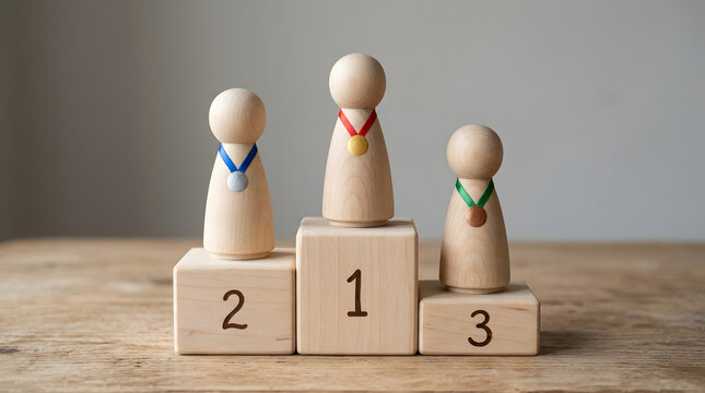 Wooden peg dolls with medals standing on a winner podium