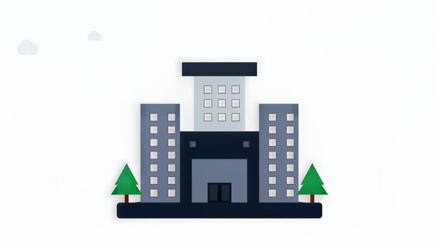 Modern city skyline with tall buildings and green trees, animated floating clouds in the background, symbolizing urban development and environmental harmony