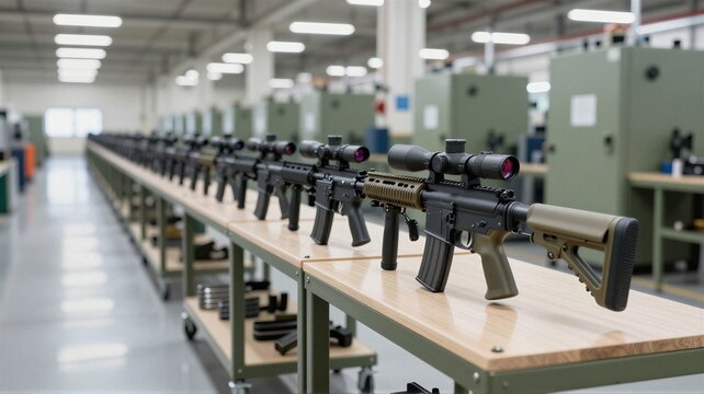 Row of tactical rifles fitted with scopes on wooden workbench inside bright industrial manufacturing facility, showing organized weapon assembly and inspection scene