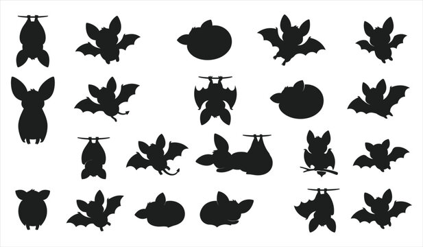 Set of black bat silhouettes and pumpkin icons isolated on white background for creative halloween party decoration design elements