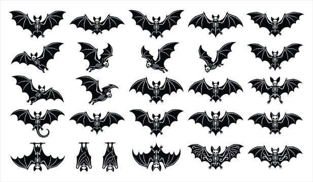 Set of black silhouette bats in various flying poses isolated on a white background for halloween holiday design projects